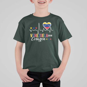 Venezuelan Pride T Shirt For Kid Venezuela En Mi Corazon Heartbeat Flag Star TS11 Dark Forest Green Print Your Wear