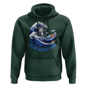 Funny Blue Wave 2024 Hoodie Vote Blue Presidential Elections Cat Tsunami Flowers TS11 Dark Forest Green Print Your Wear