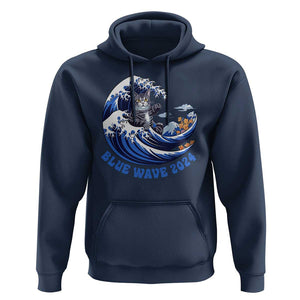 Funny Blue Wave 2024 Hoodie Vote Blue Presidential Elections Cat Tsunami Flowers TS11 Navy Print Your Wear