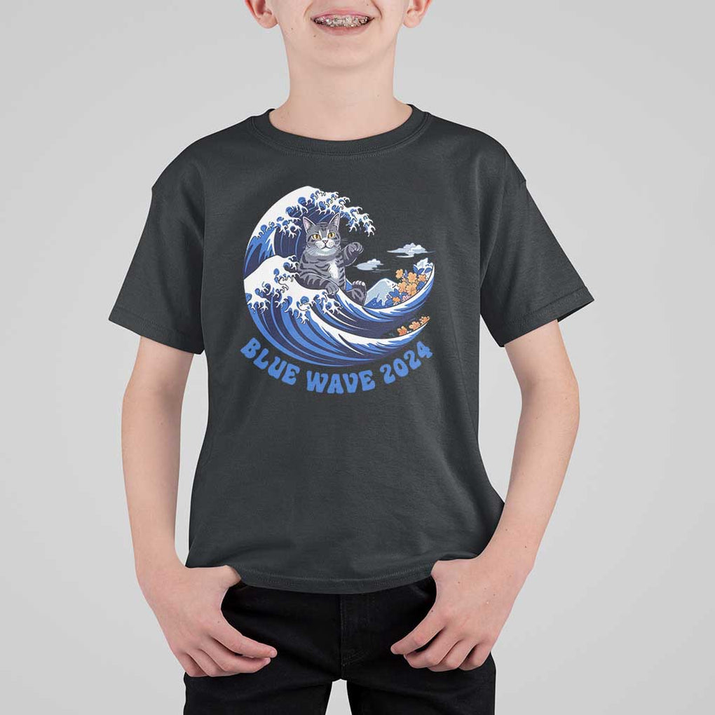 Funny Blue Wave 2024 T Shirt For Kid Vote Blue Presidential Elections Cat Tsunami Flowers TS11 Black Print Your Wear