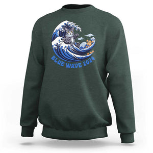 Funny Blue Wave 2024 Sweatshirt Vote Blue Presidential Elections Cat Tsunami Flowers TS11 Dark Forest Green Print Your Wear