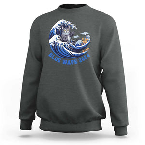 Funny Blue Wave 2024 Sweatshirt Vote Blue Presidential Elections Cat Tsunami Flowers TS11 Dark Heather Print Your Wear