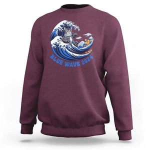 Funny Blue Wave 2024 Sweatshirt Vote Blue Presidential Elections Cat Tsunami Flowers TS11 Maroon Print Your Wear