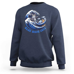 Funny Blue Wave 2024 Sweatshirt Vote Blue Presidential Elections Cat Tsunami Flowers TS11 Navy Print Your Wear