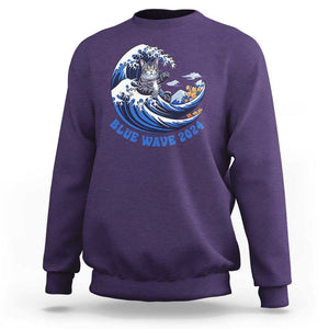 Funny Blue Wave 2024 Sweatshirt Vote Blue Presidential Elections Cat Tsunami Flowers TS11 Purple Print Your Wear