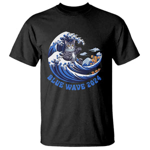 Funny Blue Wave 2024 T Shirt Vote Blue Presidential Elections Cat Tsunami Flowers TS11 Black Print Your Wear