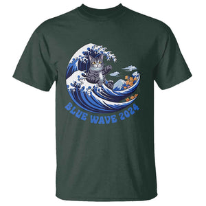 Funny Blue Wave 2024 T Shirt Vote Blue Presidential Elections Cat Tsunami Flowers TS11 Dark Forest Green Print Your Wear