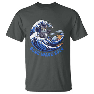 Funny Blue Wave 2024 T Shirt Vote Blue Presidential Elections Cat Tsunami Flowers TS11 Dark Heather Print Your Wear