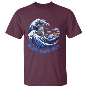 Funny Blue Wave 2024 T Shirt Vote Blue Presidential Elections Cat Tsunami Flowers TS11 Maroon Print Your Wear