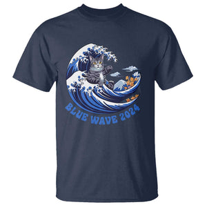 Funny Blue Wave 2024 T Shirt Vote Blue Presidential Elections Cat Tsunami Flowers TS11 Navy Print Your Wear