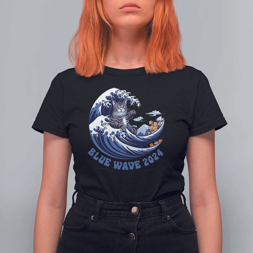 Funny Blue Wave 2024 T Shirt For Women Vote Blue Presidential Elections Cat Tsunami Flowers TS11 Black Print Your Wear