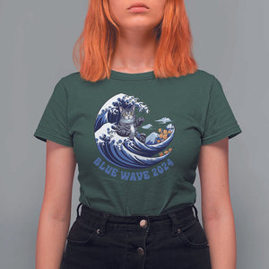 Funny Blue Wave 2024 T Shirt For Women Vote Blue Presidential Elections Cat Tsunami Flowers TS11 Dark Forest Green Print Your Wear