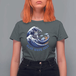 Funny Blue Wave 2024 T Shirt For Women Vote Blue Presidential Elections Cat Tsunami Flowers TS11 Dark Heather Print Your Wear