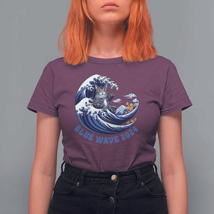 Funny Blue Wave 2024 T Shirt For Women Vote Blue Presidential Elections Cat Tsunami Flowers TS11 Maroon Print Your Wear