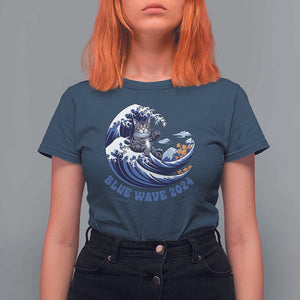 Funny Blue Wave 2024 T Shirt For Women Vote Blue Presidential Elections Cat Tsunami Flowers TS11 Navy Print Your Wear