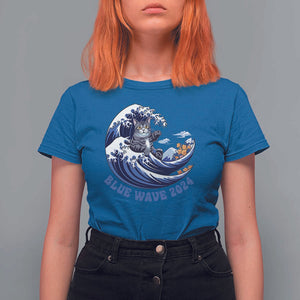 Funny Blue Wave 2024 T Shirt For Women Vote Blue Presidential Elections Cat Tsunami Flowers TS11 Royal Blue Print Your Wear