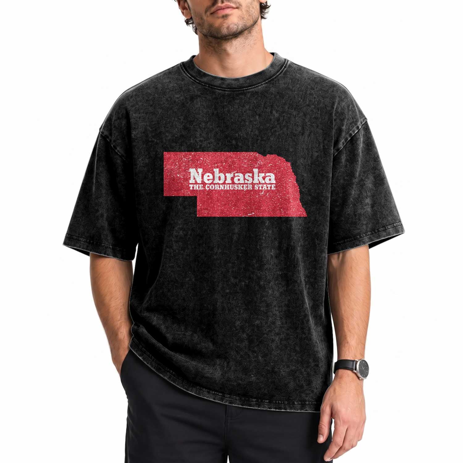 Nebraska The Cornhusker State Washed Cotton T-Shirt Distressed NE State Map
