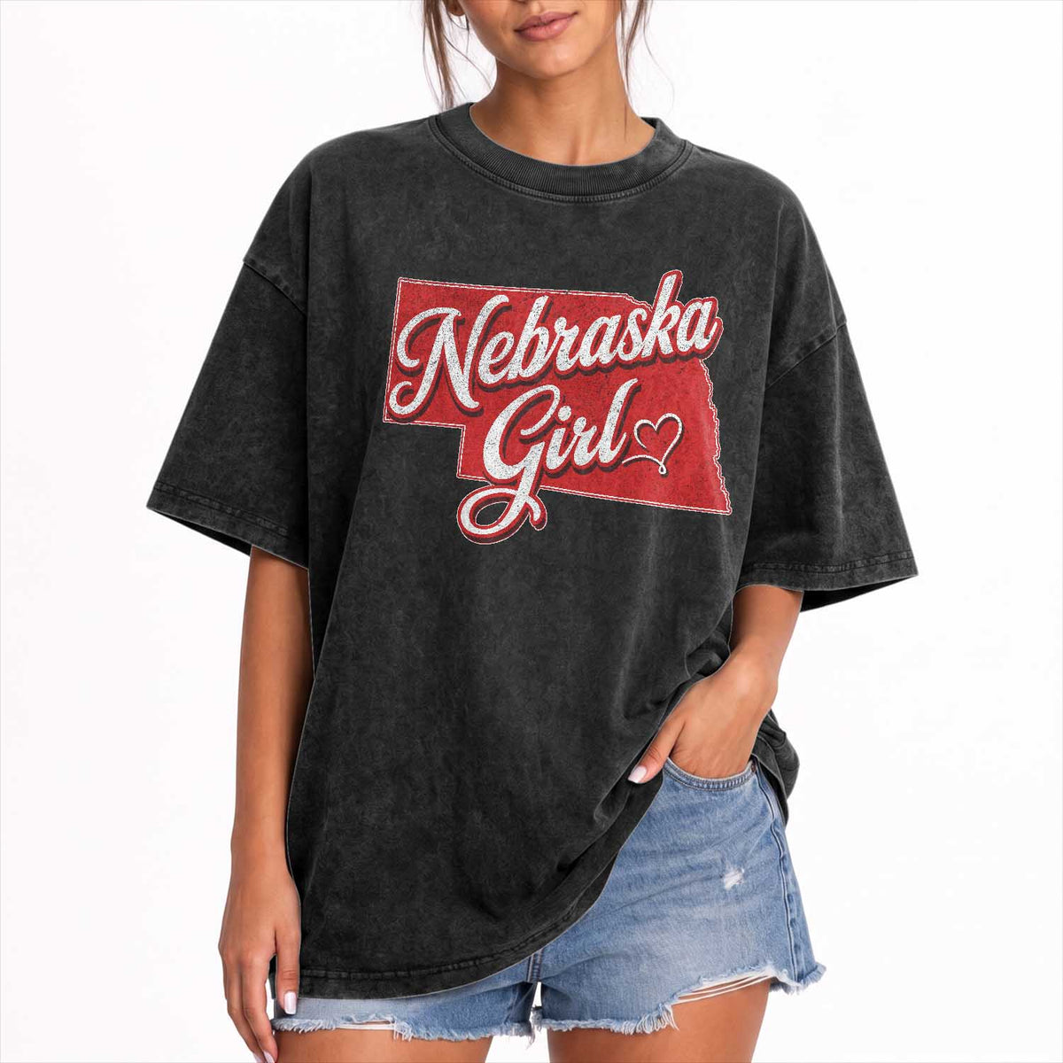 Nebraska Girl Washed Cotton T-Shirt Red Map of NE State