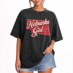 Nebraska Girl Washed Cotton T-Shirt Red Map of NE State
