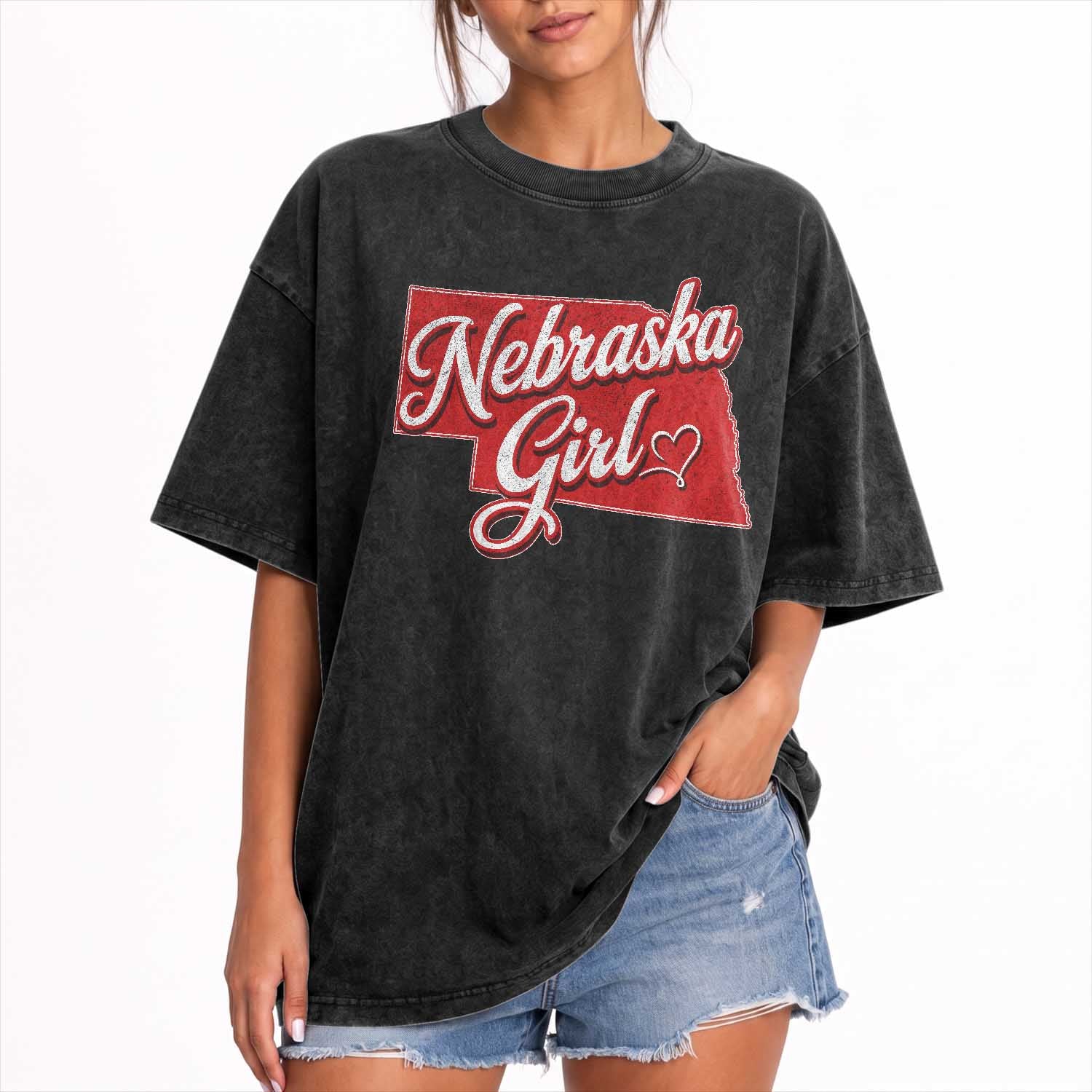 Nebraska Girl Washed Cotton T-Shirt Red Map of NE State