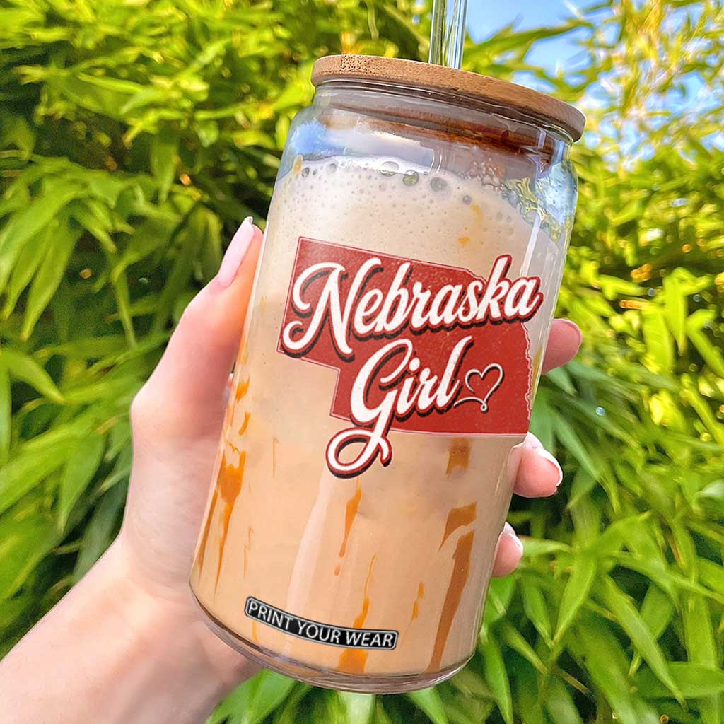 Nebraska Girl Glass Can Red Map of NE State