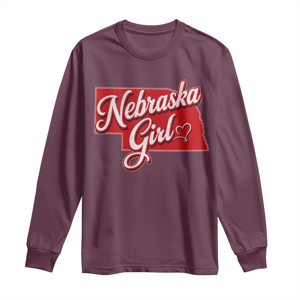 Nebraska Girl Long Sleeve Shirt Red Map of NE State