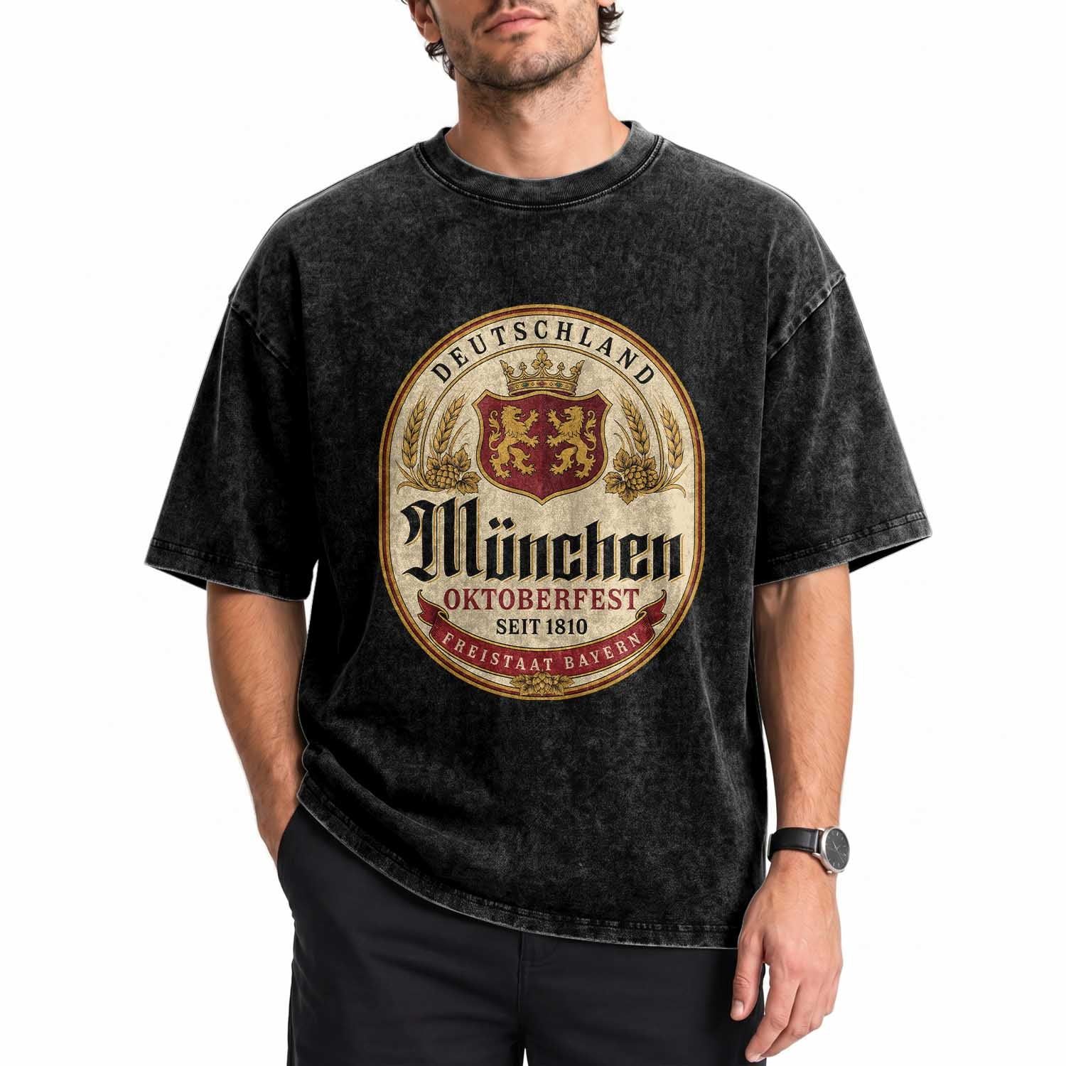 Oktoberfest Munchen Seit 1810 Washed Cotton T-Shirt Deutschland German Beer Label Bavarian Lion Shield