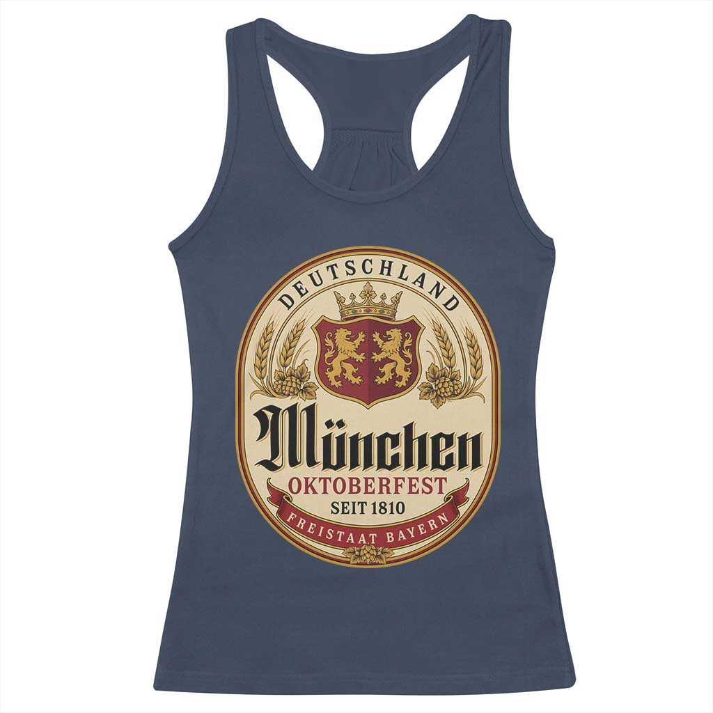Oktoberfest Munchen Seit 1810 Racerback Tank Top Deutschland German Beer Label Bavarian Lion Shield TS11 Navy Print Your Wear