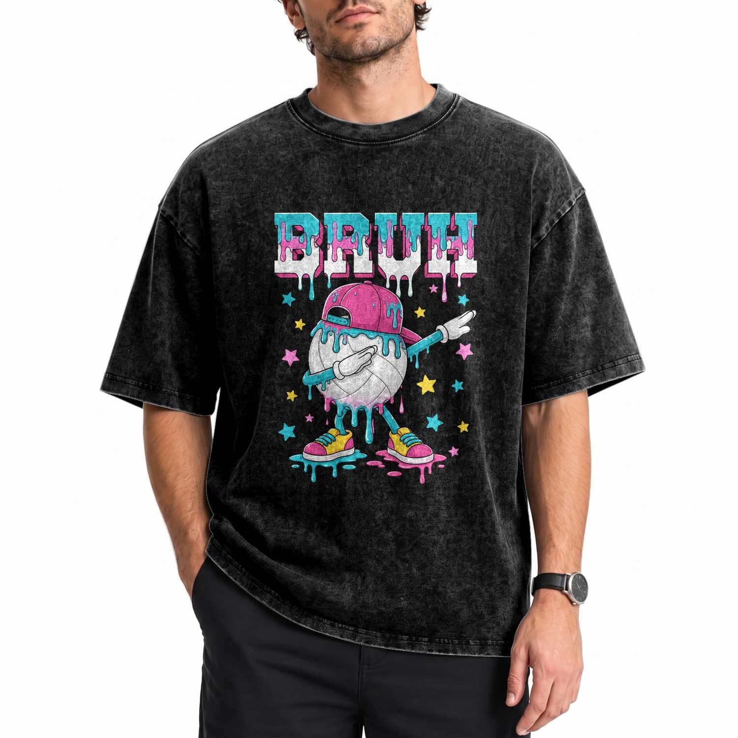 Volleyball Drip Bruh Meme Washed Cotton T-Shirt Volleyball Baseball Ice Cream Dripping