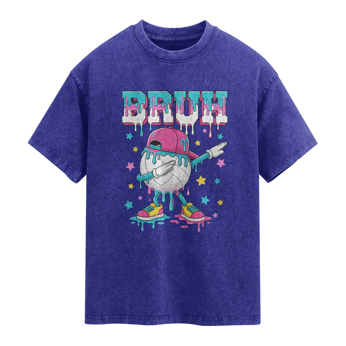 Volleyball Drip Bruh Meme Washed Cotton T-Shirt Volleyball Baseball Ice Cream Dripping