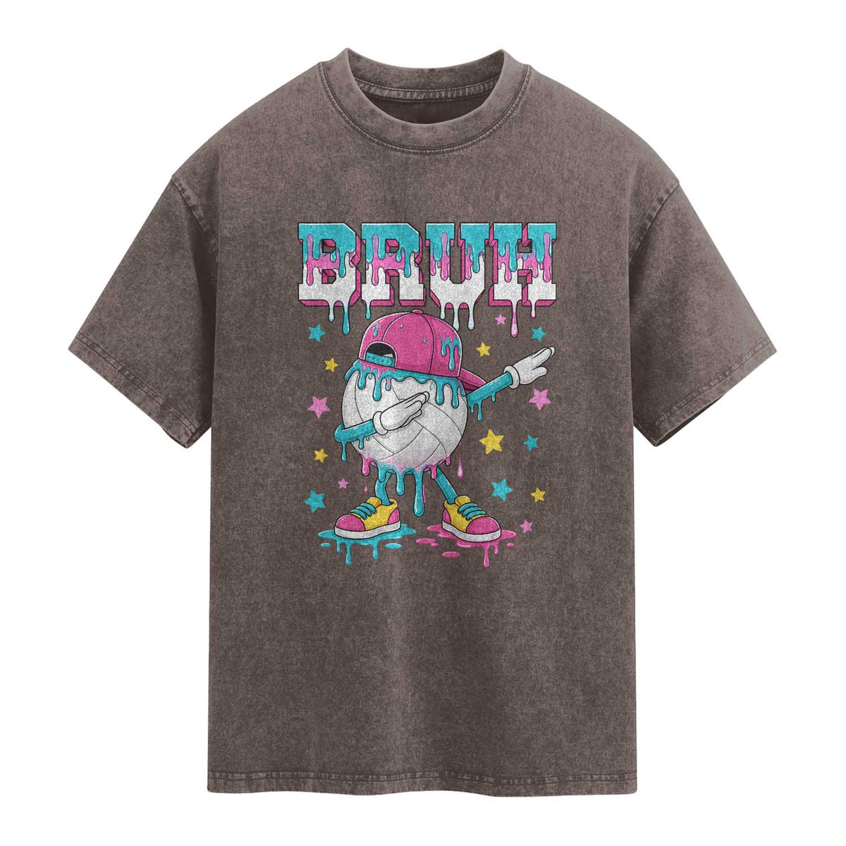 Volleyball Drip Bruh Meme Washed Cotton T-Shirt Volleyball Baseball Ice Cream Dripping
