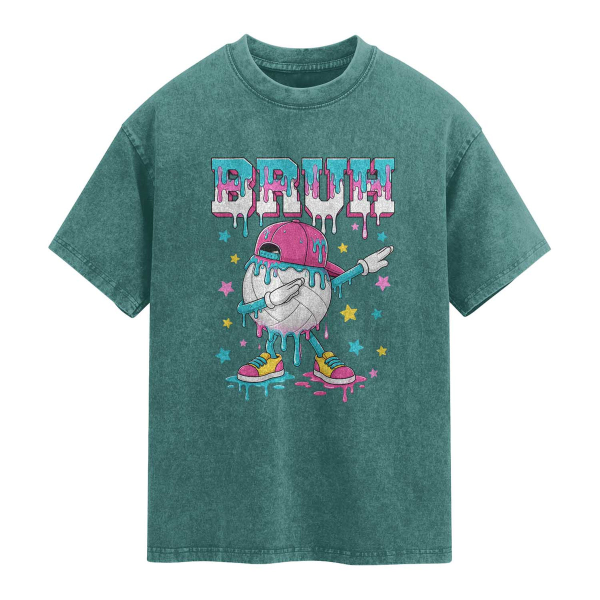 Volleyball Drip Bruh Meme Washed Cotton T-Shirt Volleyball Baseball Ice Cream Dripping