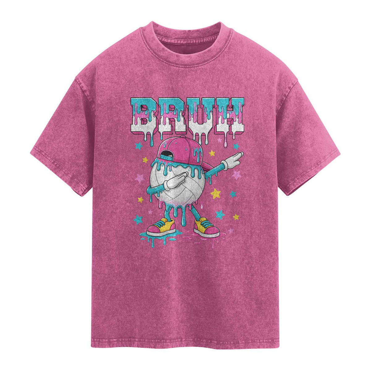 Volleyball Drip Bruh Meme Washed Cotton T-Shirt Volleyball Baseball Ice Cream Dripping