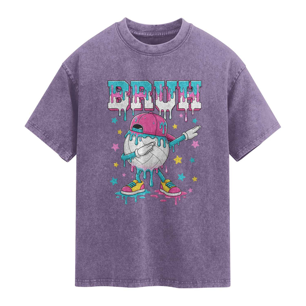 Volleyball Drip Bruh Meme Washed Cotton T-Shirt Volleyball Baseball Ice Cream Dripping