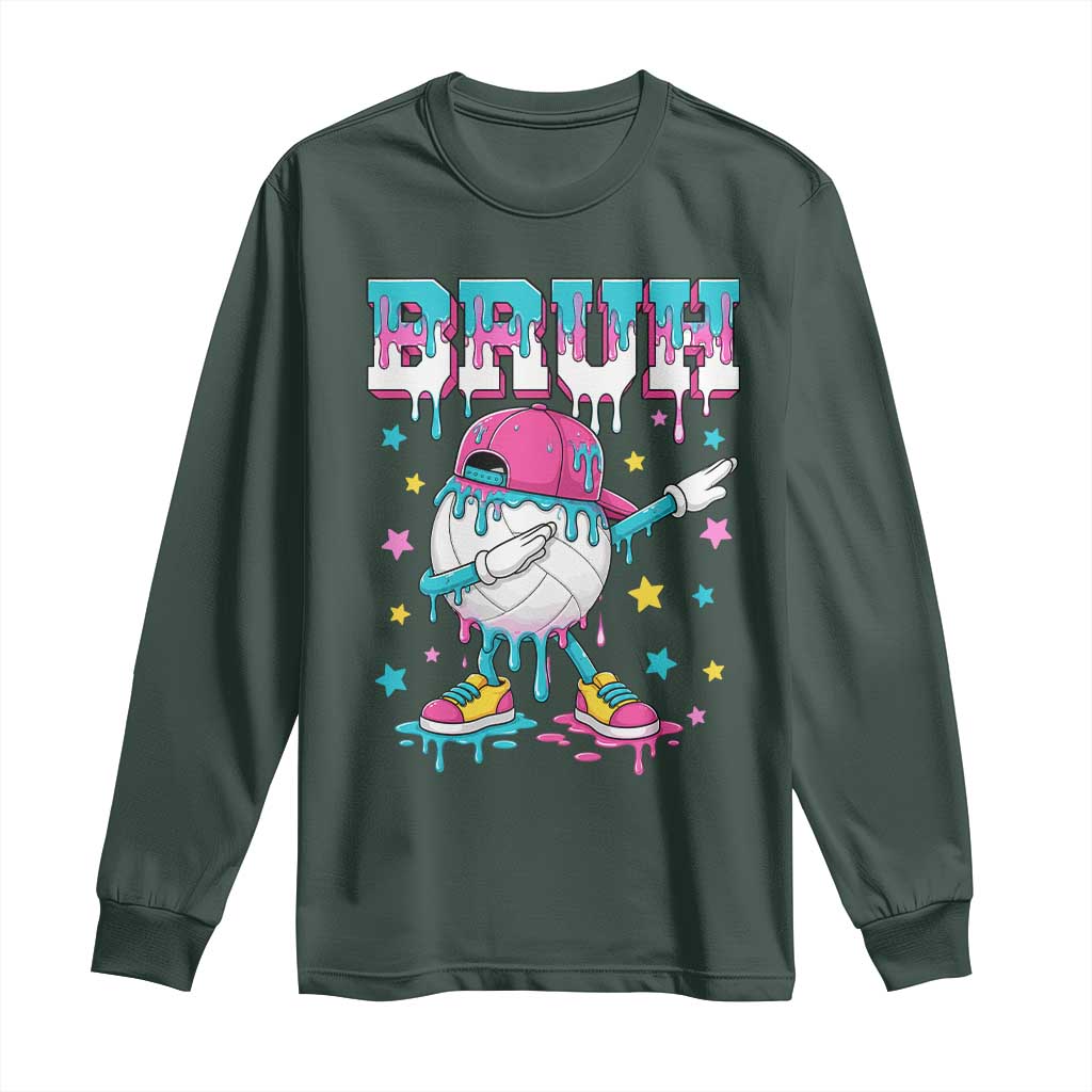 Volleyball Drip Bruh Meme Long Sleeve Shirt Volleyball Baseball Ice Cream Dripping TS11 Dark Forest Green Print Your Wear