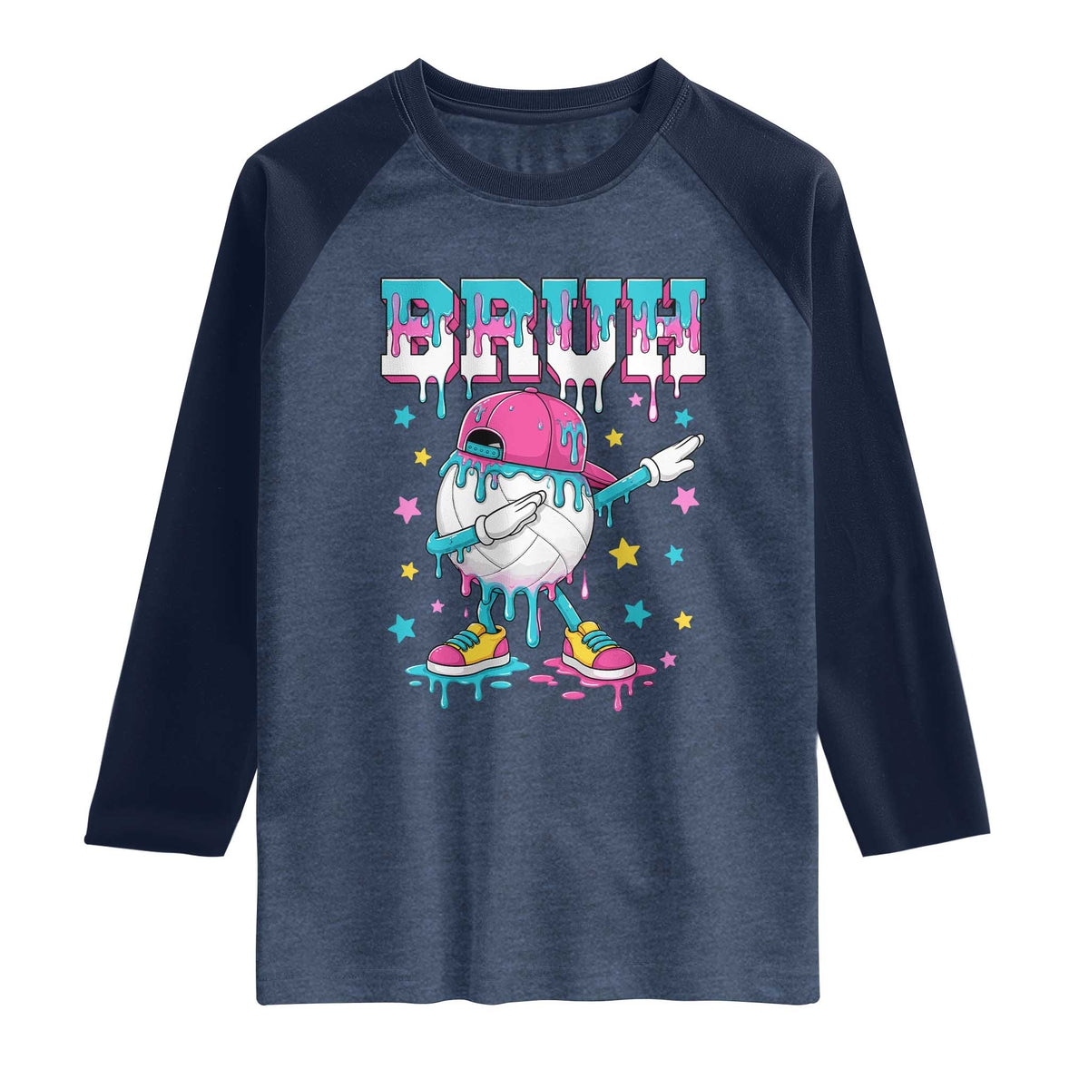 Volleyball Drip Bruh Meme Raglan Shirt Volleyball Baseball Ice Cream Dripping TS11 Heather Denim Navy Print Your Wear