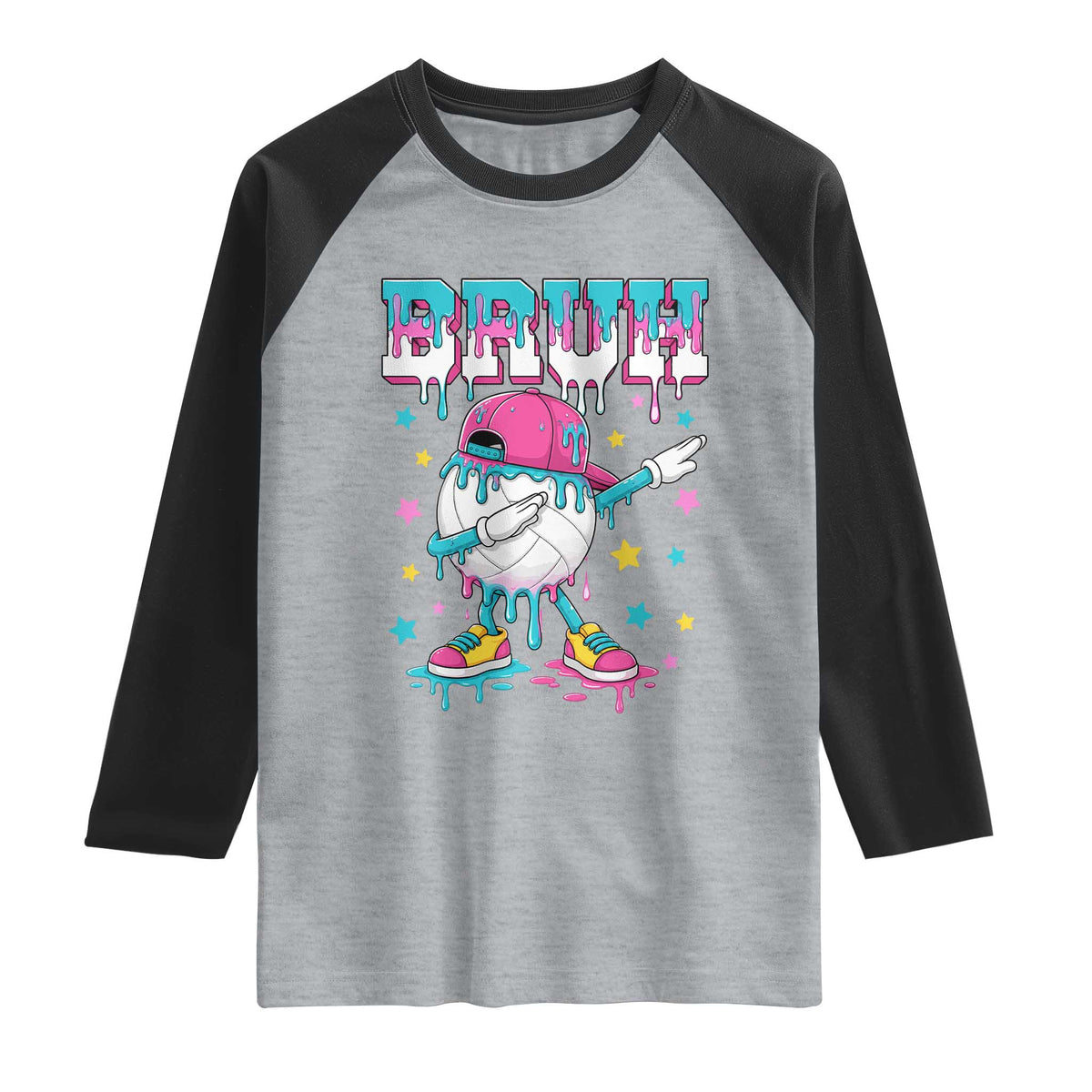 Volleyball Drip Bruh Meme Raglan Shirt Volleyball Baseball Ice Cream Dripping TS11 Heather Gray Black Print Your Wear