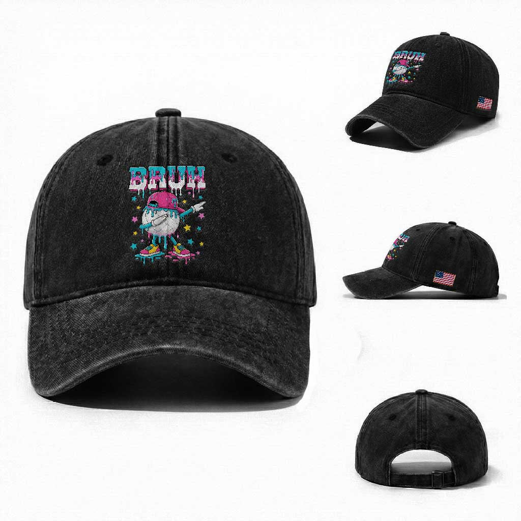 Volleyball Drip Bruh Meme Washed Cotton Baseball Cap Volleyball Baseball Ice Cream Dripping TS11 Washed Cap Universal Fit Black Print Your Wear
