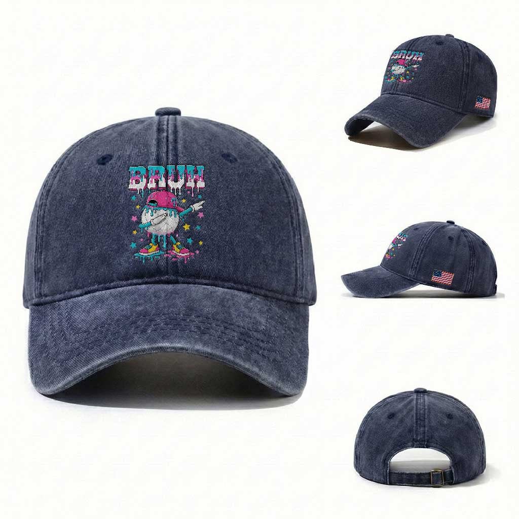Volleyball Drip Bruh Meme Washed Cotton Baseball Cap Volleyball Baseball Ice Cream Dripping TS11 Washed Cap Universal Fit Navy Print Your Wear