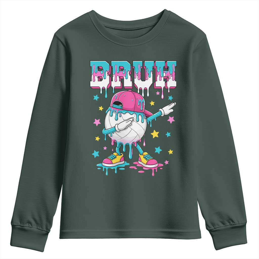 Volleyball Drip Bruh Meme Youth Sweatshirt Volleyball Baseball Ice Cream Dripping TS11 Dark Forest Green Print Your Wear