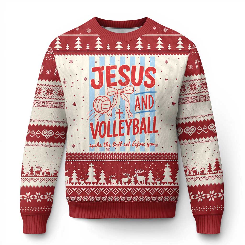 Jesus And Volleyball Spike The Ball Set Before You Ugly Christmas Sweater Christian Sports Bow Coquette