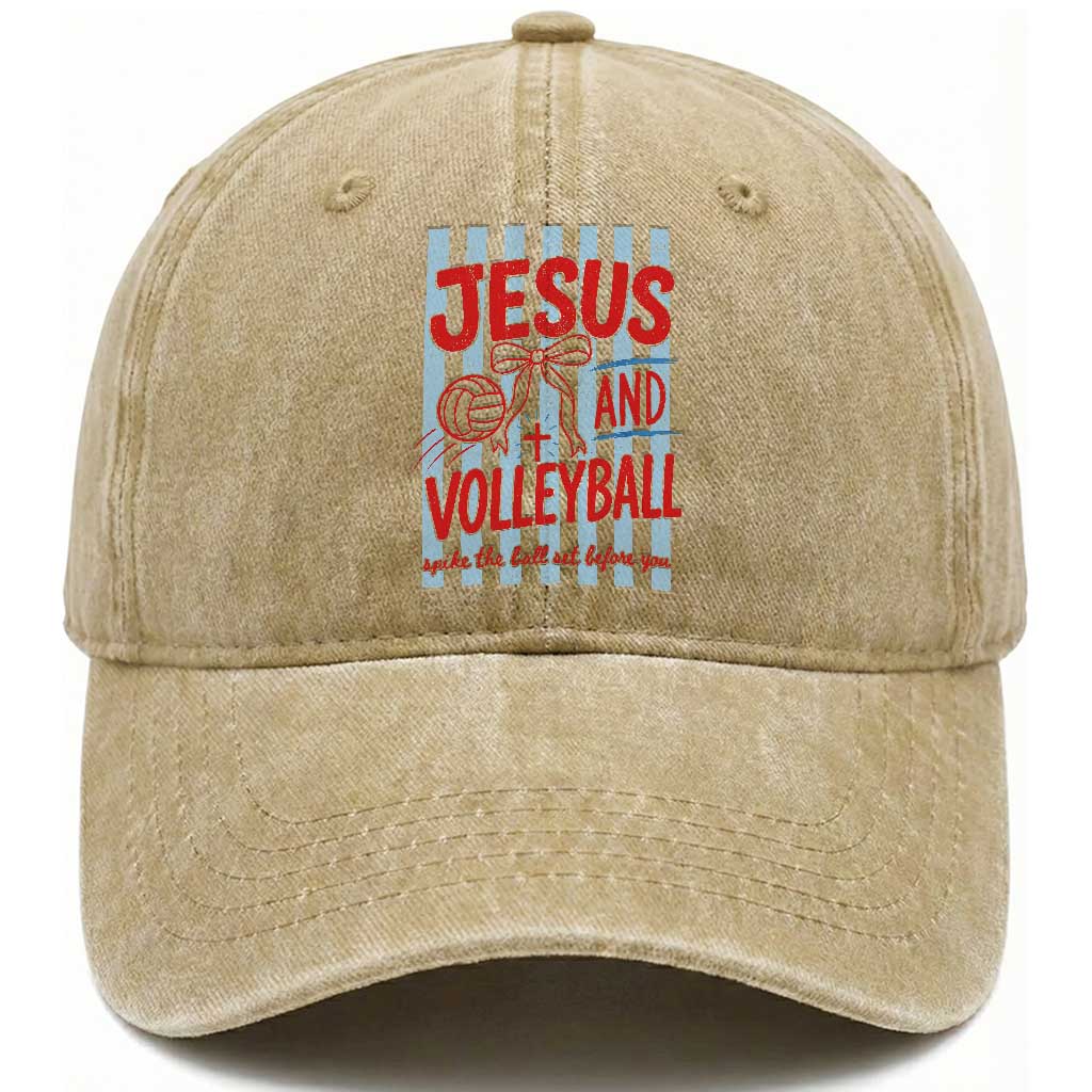 Jesus And Volleyball Spike The Ball Set Before You Washed Cotton Baseball Cap Christian Sports Bow Coquette