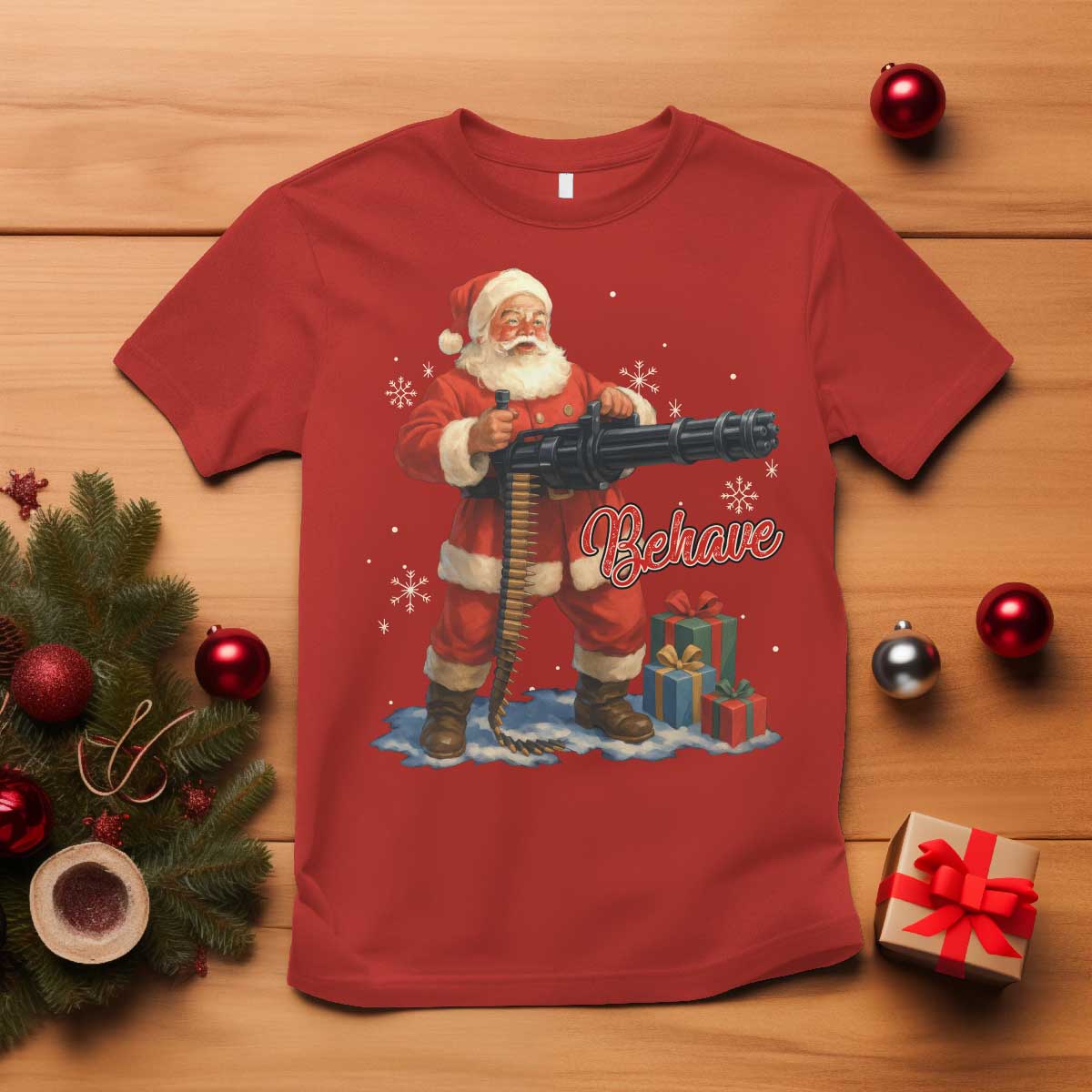 Christmas Santa Machine Gun T Shirt Behave Xmas Gun Lover TS11 Red Print Your Wear