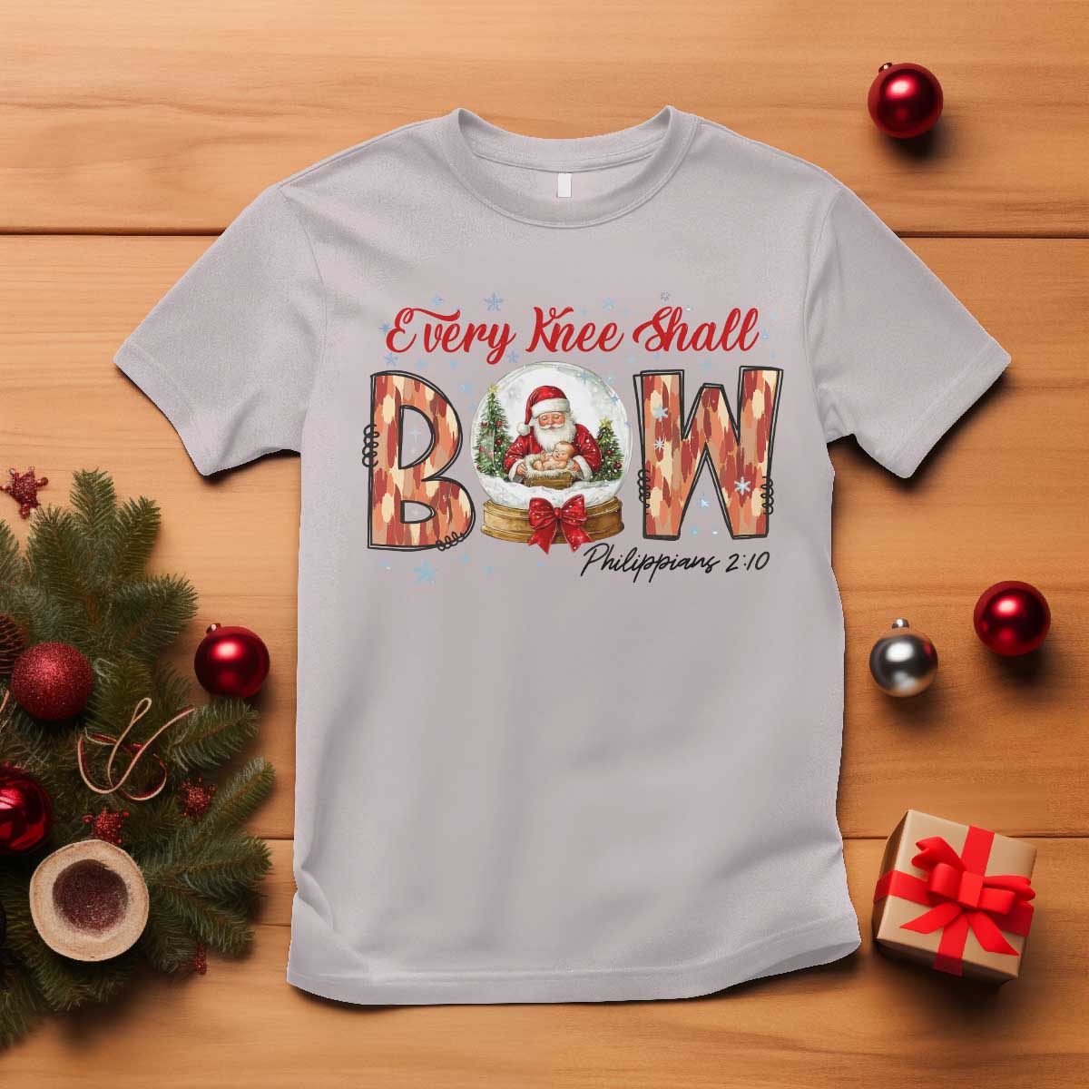 Every Knee Shall Bow T Shirt Santa Christmas Nativity Scene Bible Verse TS11 Ice Gray Print Your Wear