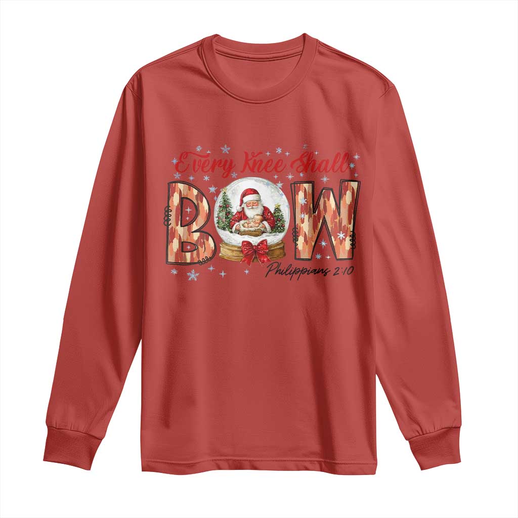 Every Knee Shall Bow Long Sleeve Shirt Santa Christmas Nativity Scene Bible Verse TS11 Red Print Your Wear
