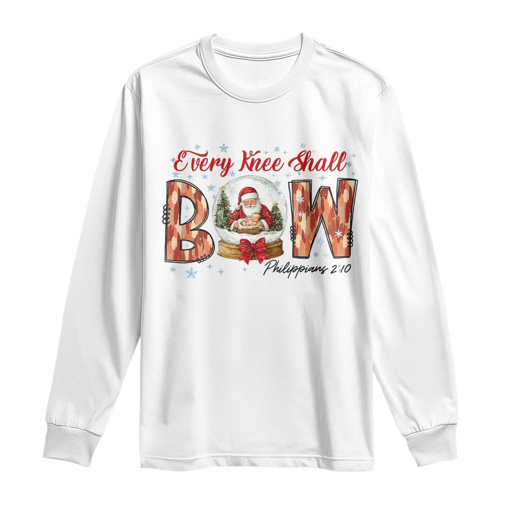Every Knee Shall Bow Long Sleeve Shirt Santa Christmas Nativity Scene Bible Verse TS11 White Print Your Wear