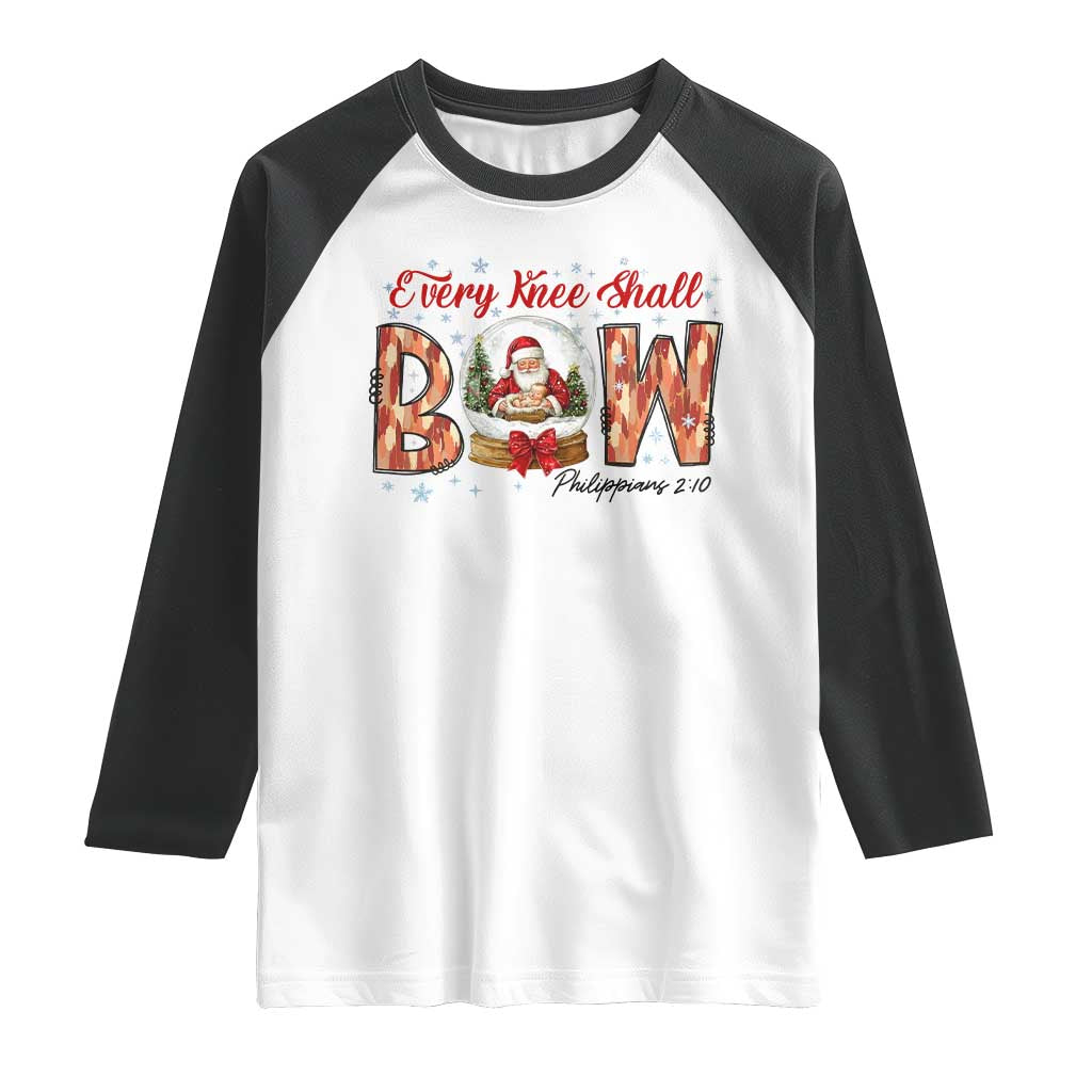 Every Knee Shall Bow Raglan Shirt Santa Christmas Nativity Scene Bible Verse TS11 White Black Print Your Wear