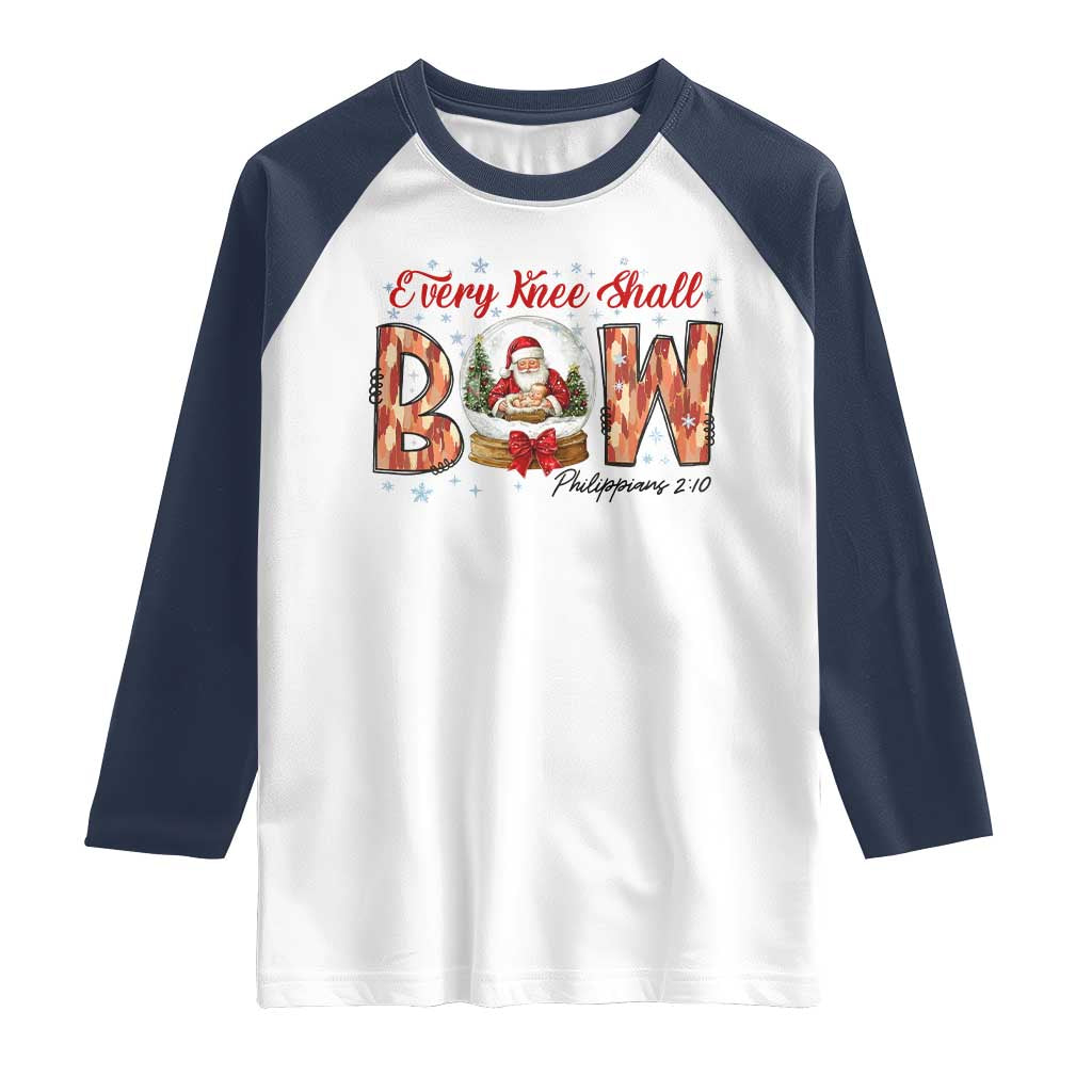 Every Knee Shall Bow Raglan Shirt Santa Christmas Nativity Scene Bible Verse TS11 White Navy Print Your Wear