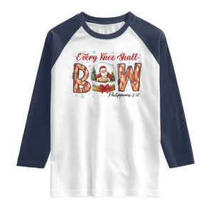 Every Knee Shall Bow Raglan Shirt Santa Christmas Nativity Scene Bible Verse TS11 White Navy Print Your Wear