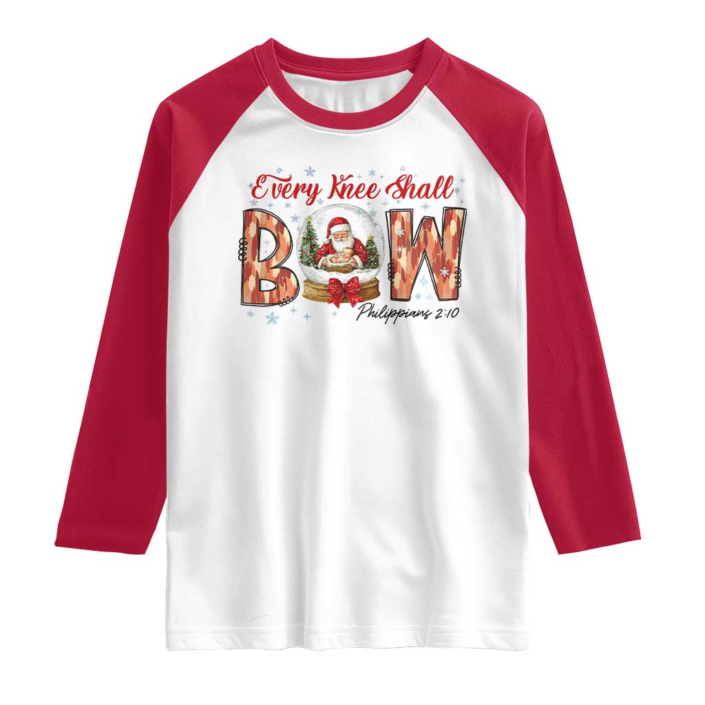 Every Knee Shall Bow Raglan Shirt Santa Christmas Nativity Scene Bible Verse TS11 White Red Print Your Wear